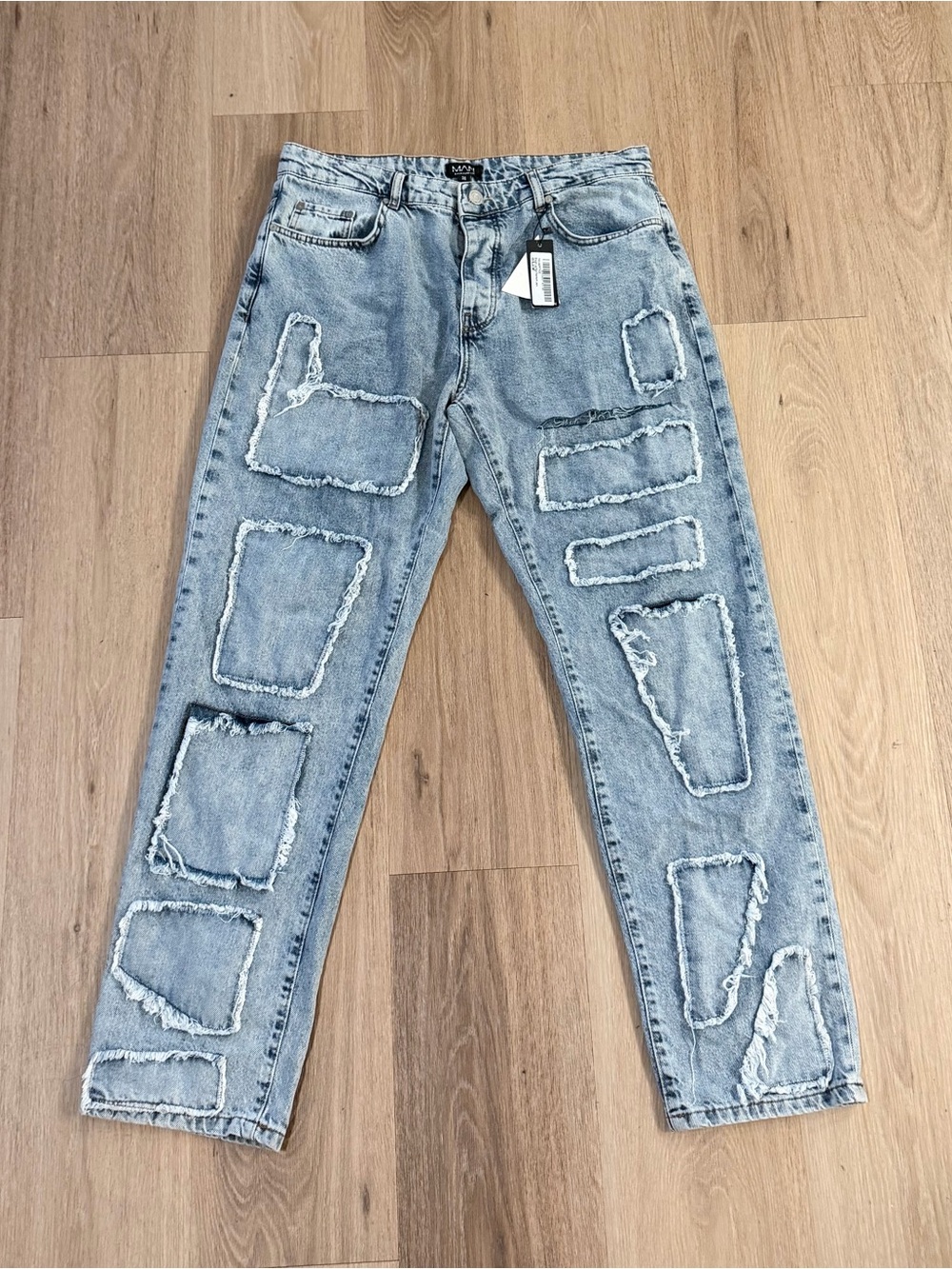 Boohooman Man Men's Straight Leg Rigid Patchwork Jeans Ice Blue size 36R NWT Y2K